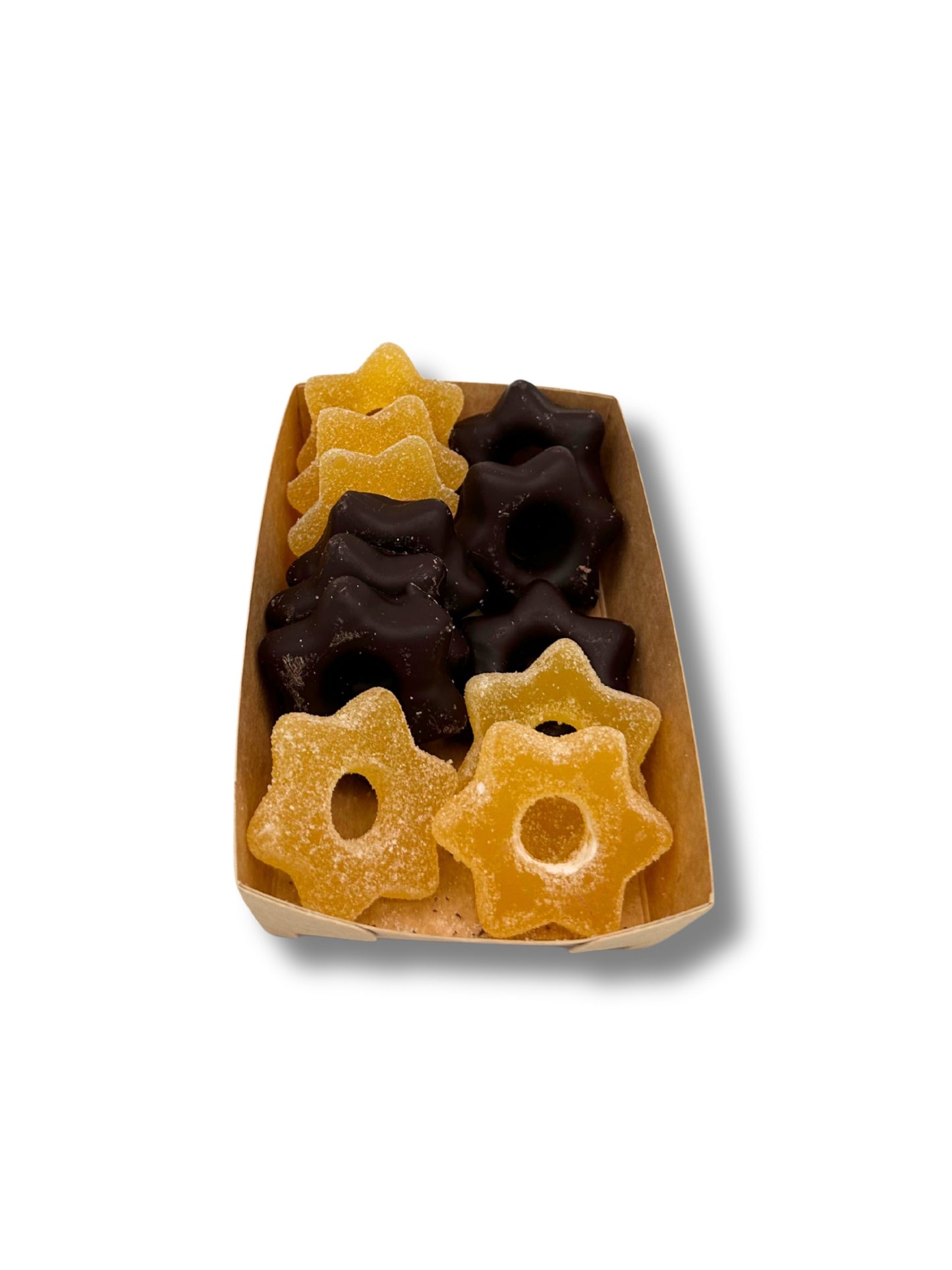 Fruchtige Ananas-Geleesterne, gezuckert und mit Zartbitterschokolade überzogen – weihnachtliche Confiserie-Spezialität von Dreyer Confiserie Hameln