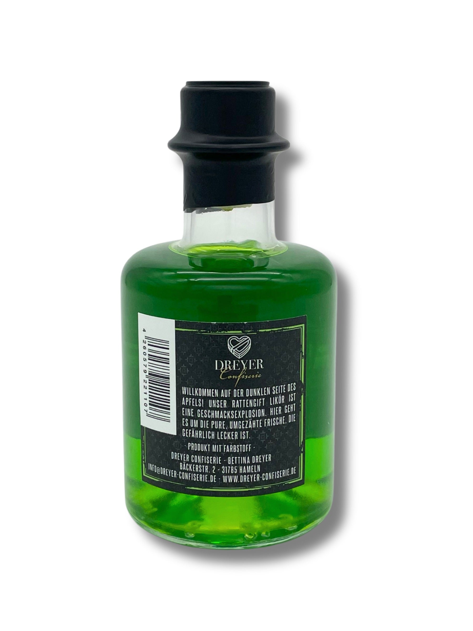 Apfellikör-Spezialität „Rattengift“ aus Hameln – fruchtiger Likör mit Rattenfänger-Flair, erhältlich bei Dreyer Confiserie.