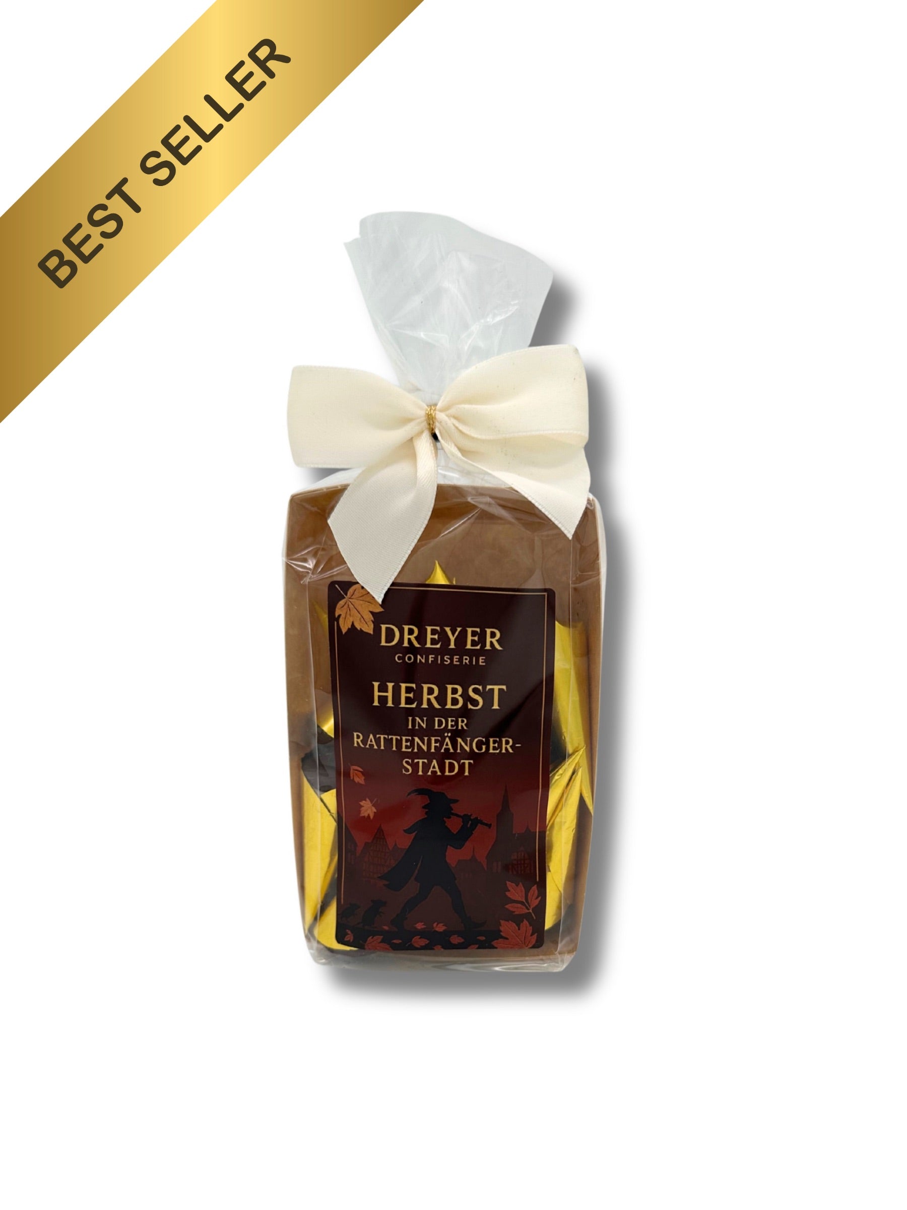 Nougat Pralinen 150g – handverpackt in transparenter Tüte mit Schleife von Dreyer Confiserie Hameln.