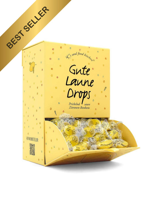 Gute Laune Drops im 1 kg Dispenser – prickelnd saure Zitronenbonbons mit Brausekern, erhältlich in der Dreyer Confiserie in der Rattenfängerstadt Hameln.