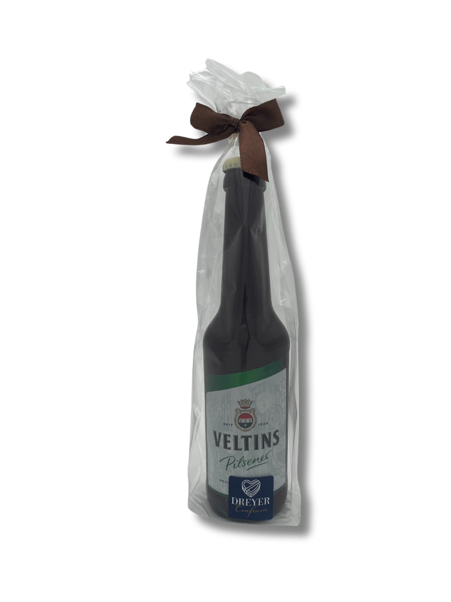 Bierflasche Veltins aus Zartbitterschokolade – Handgemachtes Schokoladengeschenk aus der Dreyer Confiserie Hameln.
