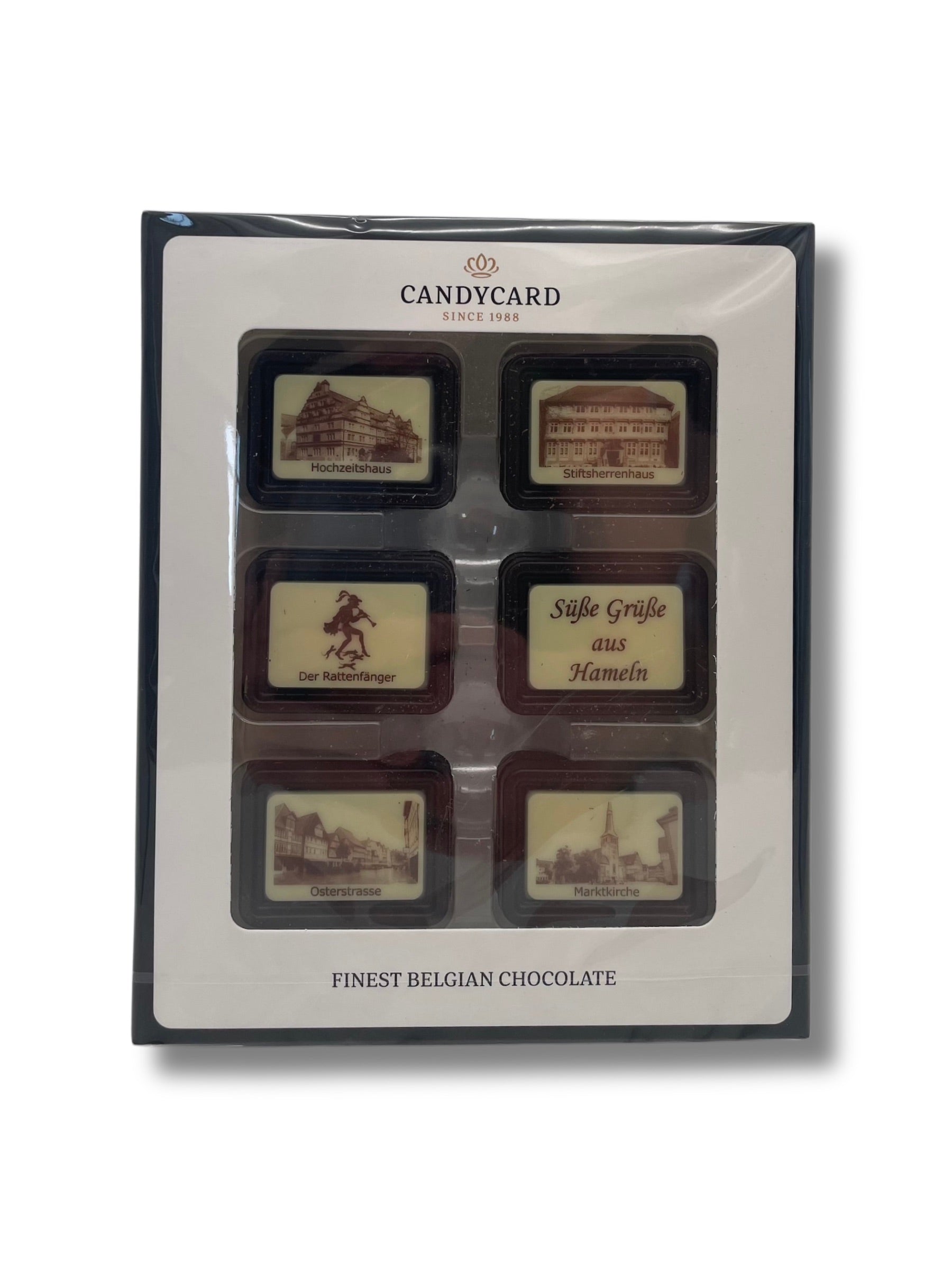 Candy Card Zartbitterschokolade mit Hameln-Motiven – Geschenkbox mit Rattenfänger-Stadtansichten.