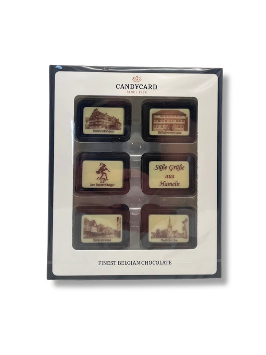 Candy Card Zartbitterschokolade mit Hameln-Motiven – Geschenkbox mit Rattenfänger-Stadtansichten.