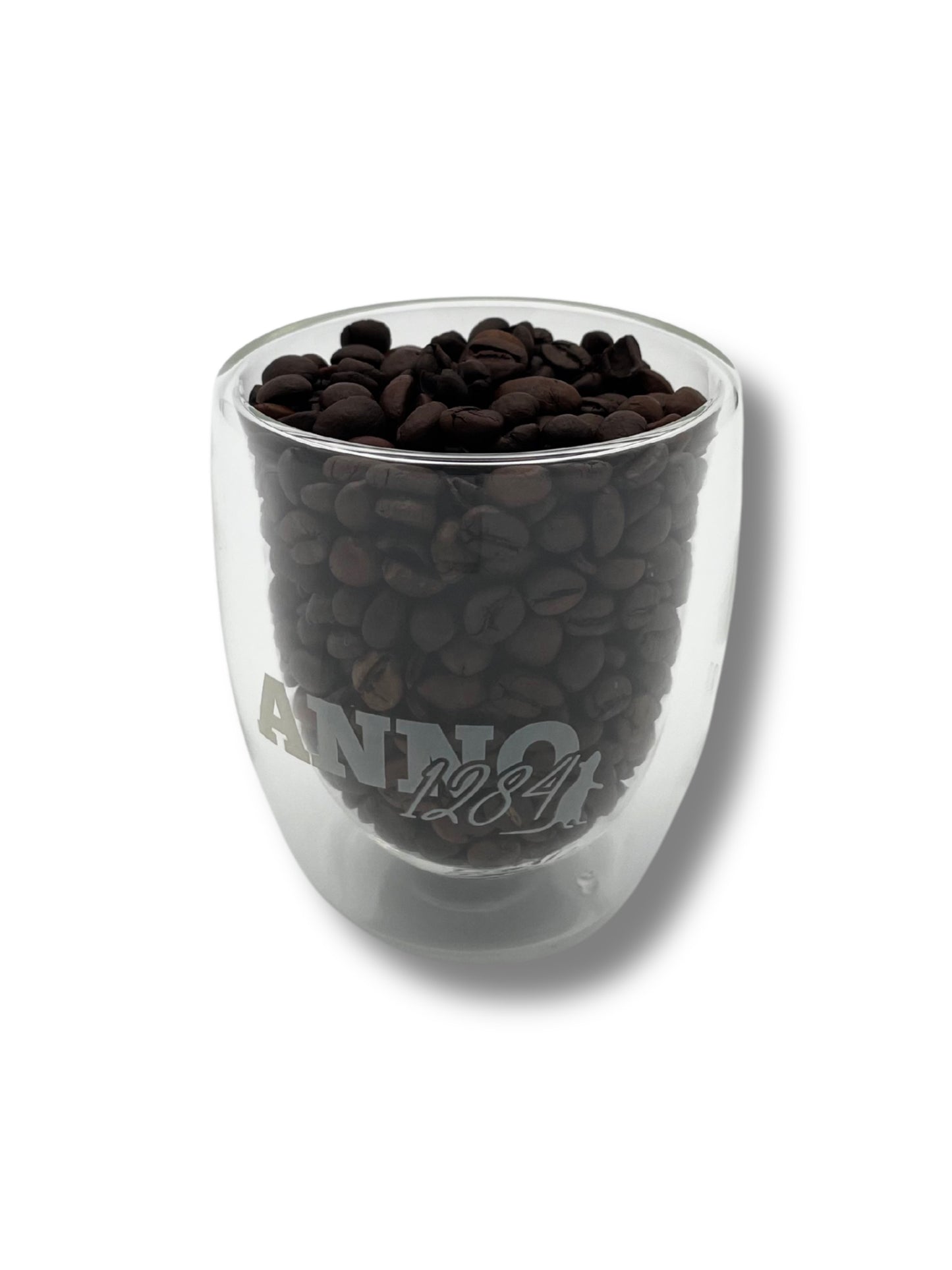 Doppelwandiges Cappuccino-Glas mit Rattenfänger-Motiv aus Hameln für stilvollen Kaffeegenuss.
