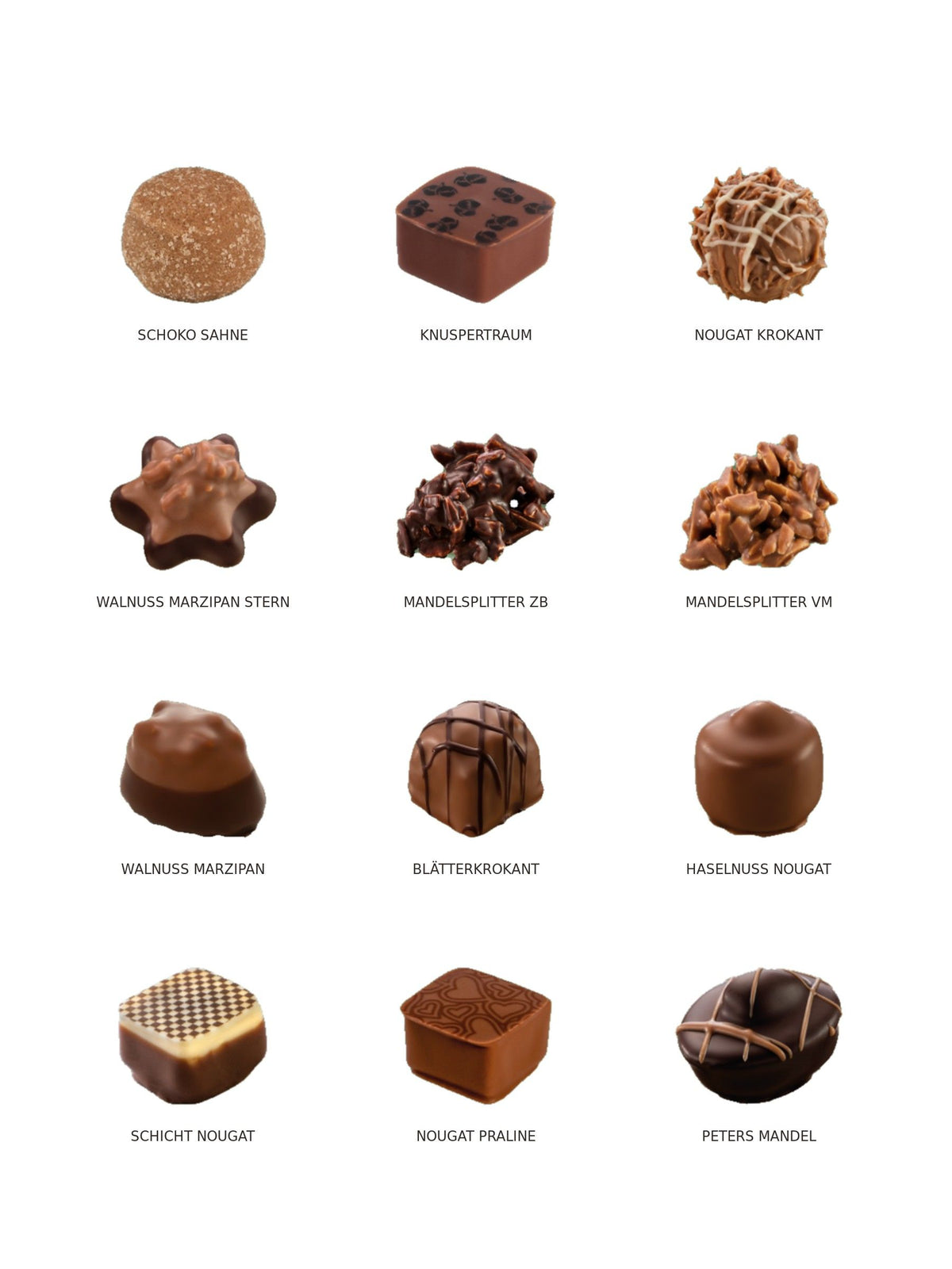 Übersicht der 12 Pralinensorten im Adventskalender Das zauberhafte Adventszeitlädchen 300g von PETERS Pralinen mit Nougat, Marzipan, Krokant, Mandelsplittern und Schokoladenpralinen