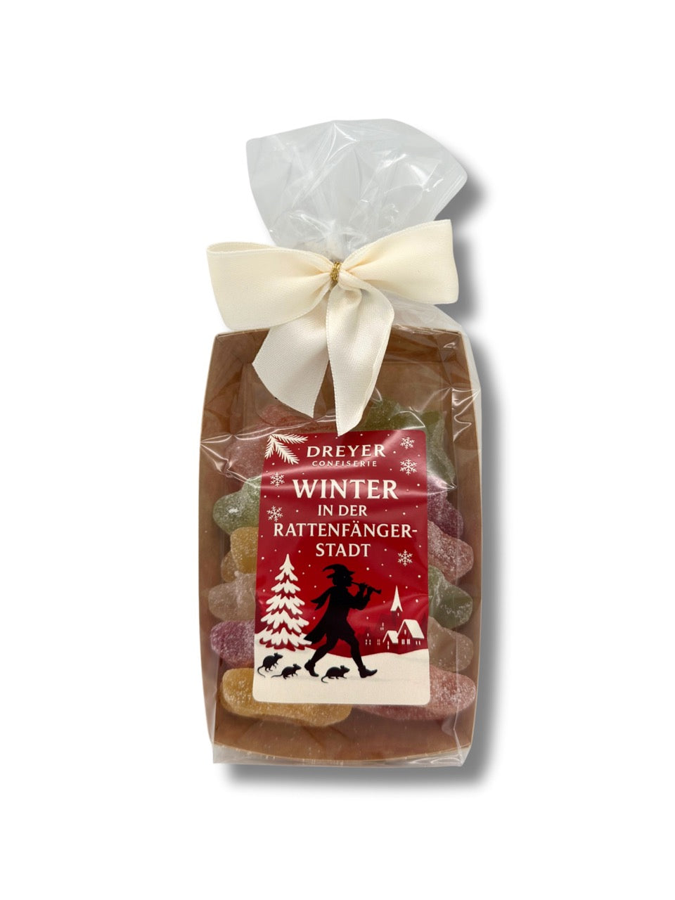 Geleesterne gezuckert 150 g mit Aufdruck „Winter in der Rattenfängerstadt“, bunt gemischte Fruchtgummi-Sterne, erhältlich in der Dreyer Confiserie in der Rattenfängerstadt Hameln.