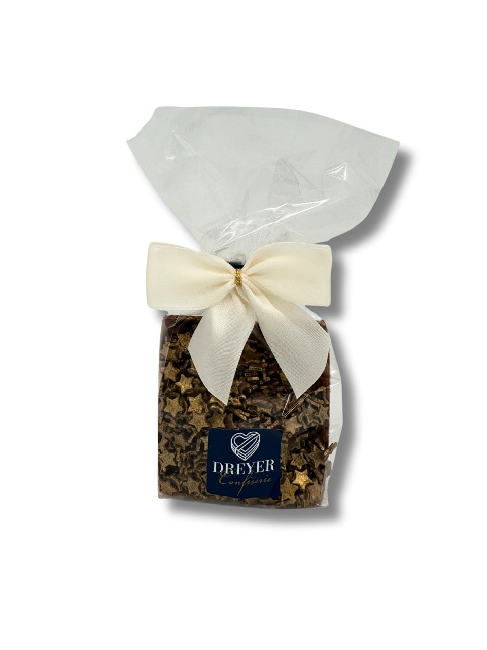 Gold-Sterne 70 g von der Dreyer Confiserie – edle Zartbitterschokoladenplättchen mit glitzerndem Überzug, ideal als festliche Dekoration oder Nascherei, erhältlich in der Dreyer Confiserie in der Rattenfängerstadt Hameln.