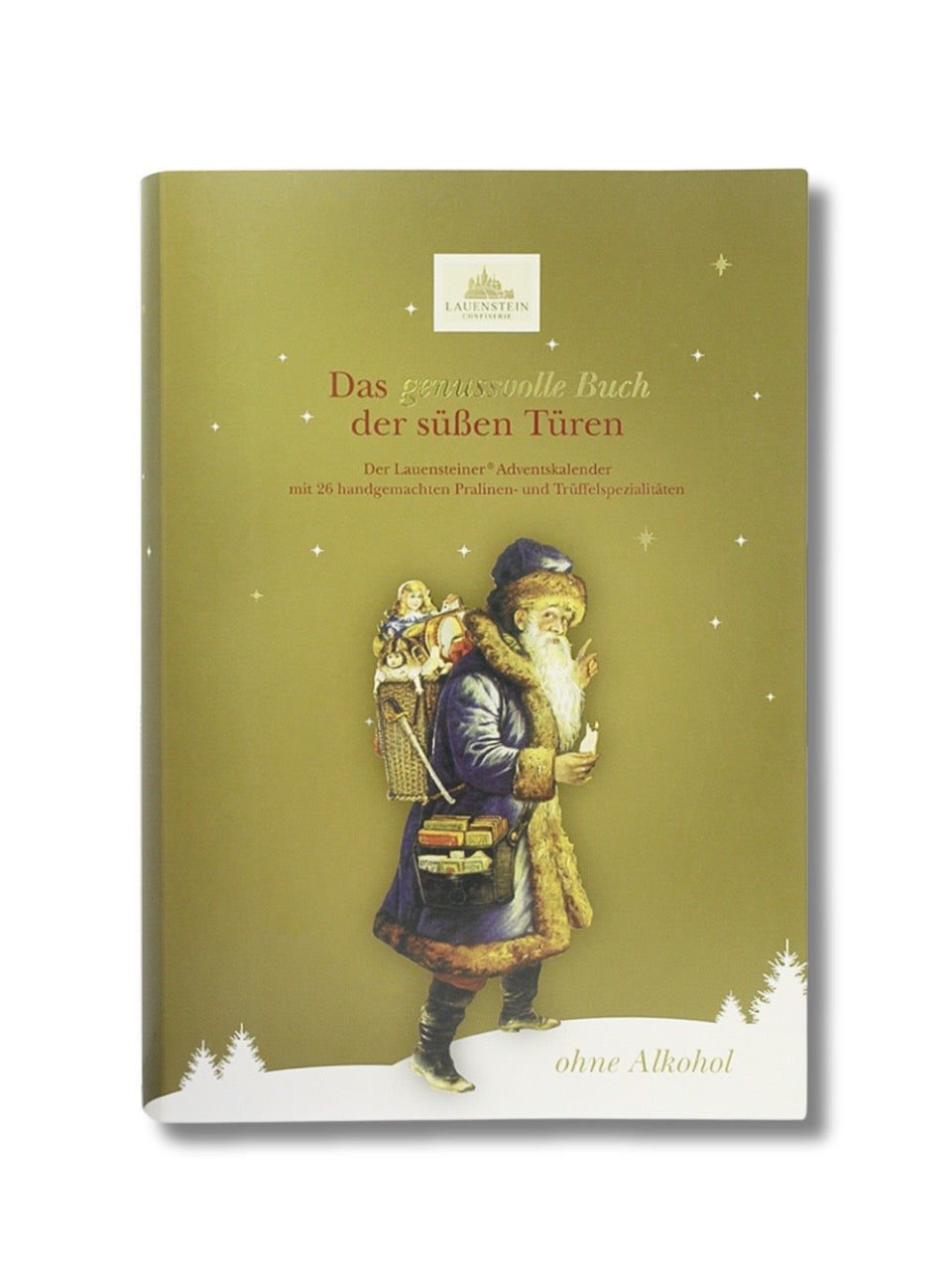 Lauensteiner Adventskalender „Buch“ alkoholfrei 340 g – festlicher Pralinen-Adventskalender in Goldoptik mit 24 alkoholfreien Pralinen- und Trüffelspezialitäten wie Gianduja-Nougat, Himbeer-Waldfrucht und Spekulatius-Nougat, erhältlich in der Dreyer Confiserie in der Rattenfängerstadt Hameln.