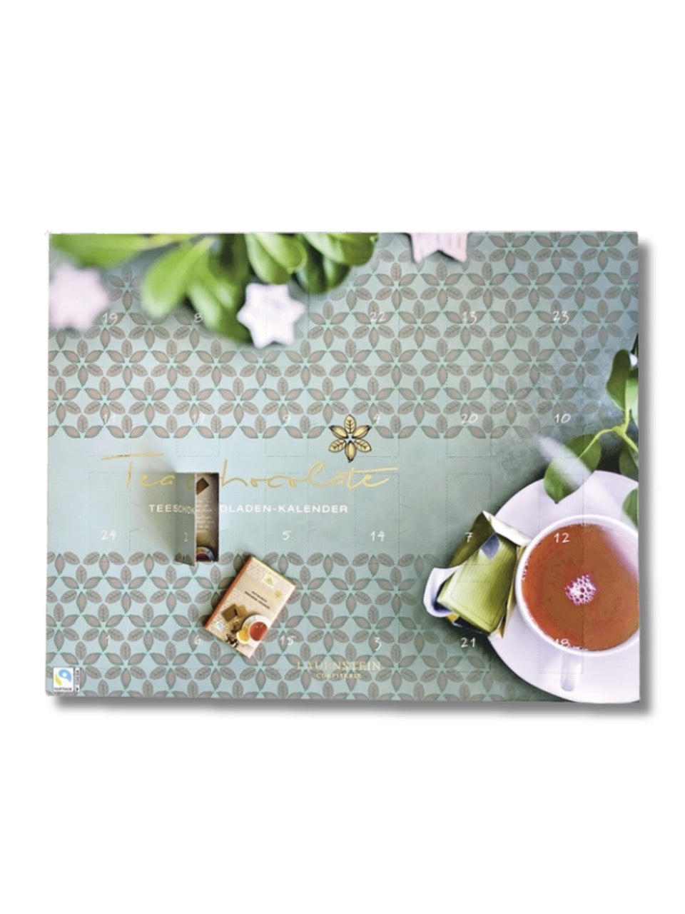 Lauensteiner Adventskalender Teeschokoladen 240 g – edler Adventskalender mit 24 feinen Schokoladentäfelchen, verfeinert mit Schwarztee, Rooibos, Matcha, Ingwer, Kardamom und Bourbon-Vanille, erhältlich in der Dreyer Confiserie in der Rattenfängerstadt Hameln.