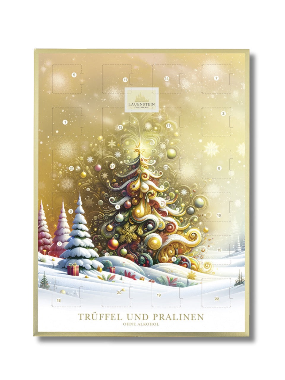 Lauensteiner Adventskalender „Weihnachtsbaum“ 300 g – edler Adventskalender mit alkoholfreien Pralinen- und Trüffelspezialitäten wie Spekulatius-Nougat-Praline, Himbeer-Waldfrucht-Trüffel und Weihnachts-Gewürz-Karamell, erhältlich in der Dreyer Confiserie in der Rattenfängerstadt Hameln.