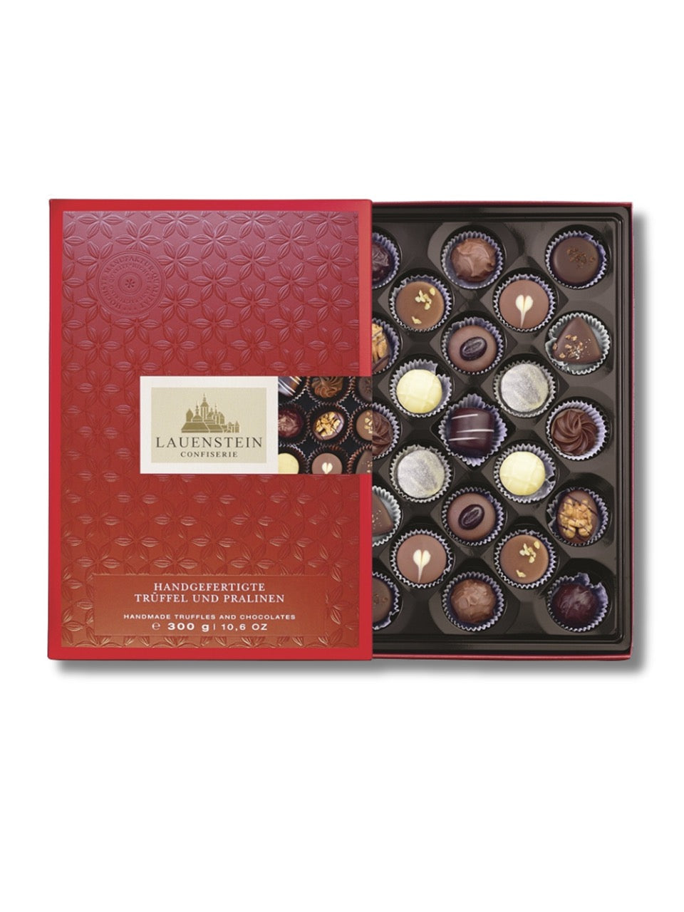 Lauensteiner Trüffel- und Pralinen-Auslese 300 g – elegante Mischung mit Klassikern wie Eierlikör-Trüffel, Marc de Champagne, Kokos-Edelmarzipan-Praline und Salz-Butter-Karamell, erhältlich in der Dreyer Confiserie in der Rattenfängerstadt Hameln.