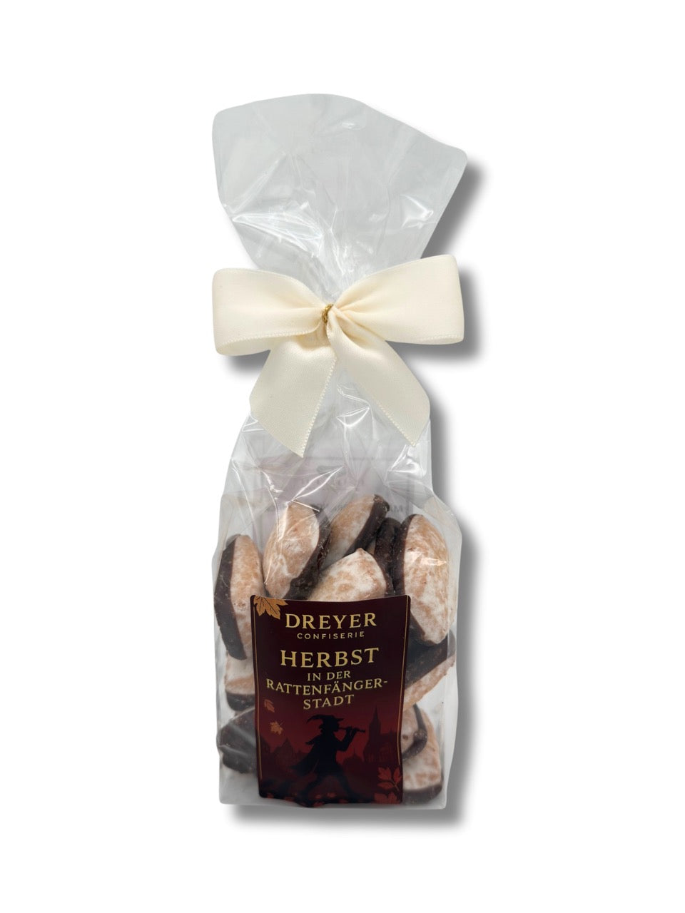 Marzipan-Orangen Gebäck 175 g mit Aufdruck „Herbst in der Rattenfängerstadt“, verpackt, erhältlich in der Dreyer Confiserie in der Rattenfängerstadt Hameln.