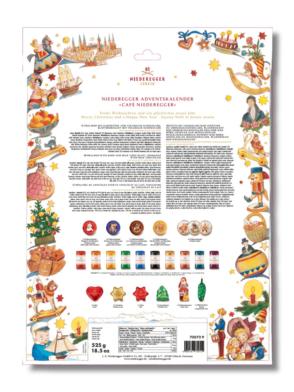 Niederegger Adventskalender Café Niederegger 525 g Rückseite – Übersicht aller enthaltenen Pralinen, Zutaten und Nährwerte, erhältlich in der Dreyer Confiserie in der Rattenfängerstadt Hameln.
