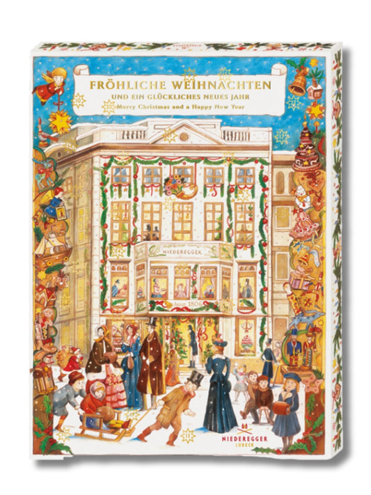 Niederegger Adventskalender Café Niederegger 525 g – Adventskalender mit Marzipan, Blätterkrokant und Mini-Pasteten, erhältlich in der Dreyer Confiserie in der Rattenfängerstadt Hameln.