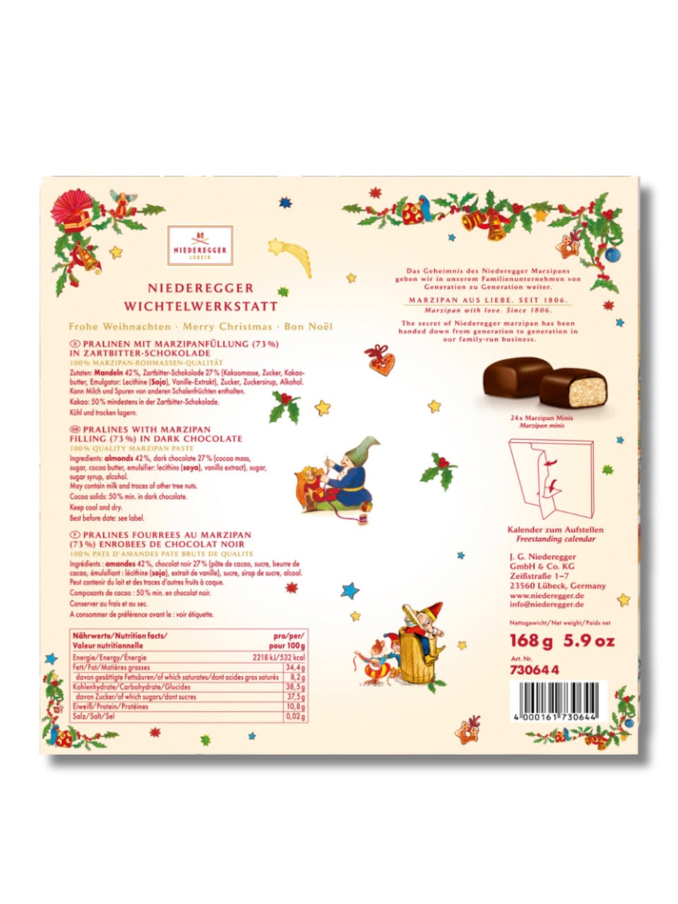 Niederegger Adventskalender Wichtelwerkstatt Mini 168 g Rückseite – Übersicht aller enthaltenen Marzipan-Pralinen, Zutaten und Nährwerte, erhältlich in der Dreyer Confiserie in der Rattenfängerstadt Hameln.