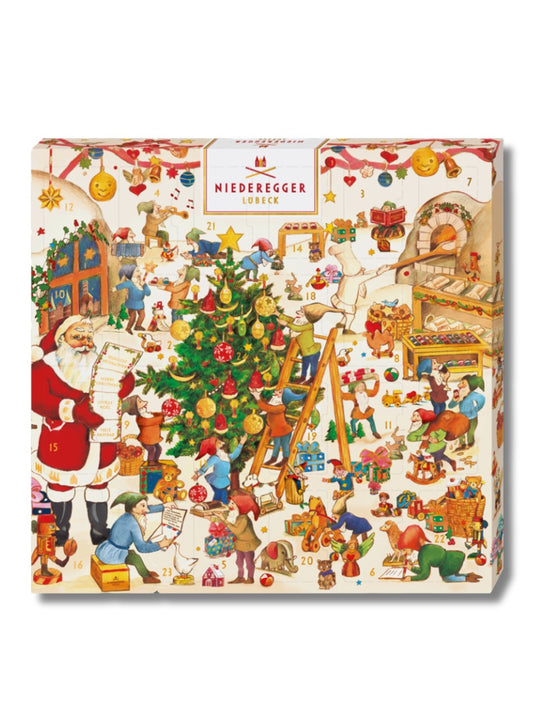 Niederegger Adventskalender Wichtelwerkstatt Mini 168 g – Mini-Adventskalender mit 24 Marzipan-Pralinen in Zartbitter-Schokolade, erhältlich in der Dreyer Confiserie in der Rattenfängerstadt Hameln.
