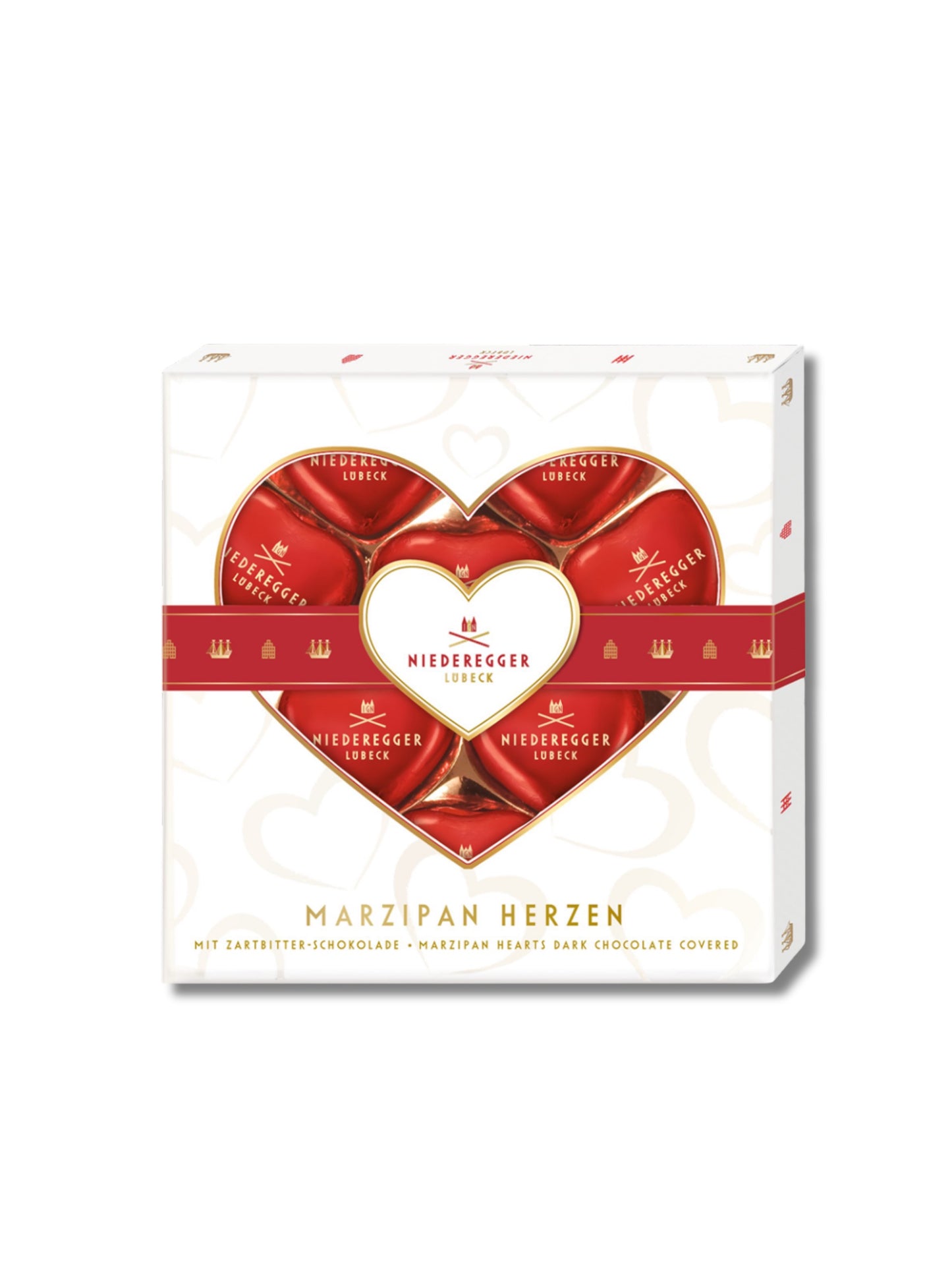 Niederegger Marzipan Herzen 125 g – herzförmige Marzipan-Pralinen mit Zartbitter-Schokolade, erhältlich in der Dreyer Confiserie in der Rattenfängerstadt Hameln.