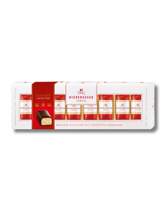 Niederegger Marzipan Klassiker 100 g – 8 Pralinen mit feiner Marzipanfüllung in edler Zartbitter-Schokolade, traditioneller Niederegger Genuss, erhältlich in der Dreyer Confiserie in der Rattenfängerstadt Hameln.