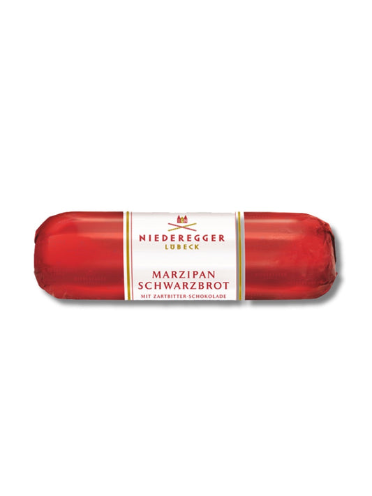 Niederegger Marzipan Schwarzbrot 125 g – saftiges Marzipan mit 45 % Mandeln, umhüllt von edler Zartbitter-Schokolade, klassischer Niederegger Genuss, erhältlich in der Dreyer Confiserie in der Rattenfängerstadt Hameln.