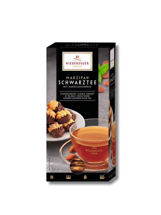Niederegger Marzipan Schwarztee 43,75 g – aromatisierter Schwarzer Tee mit Mandel- und Vanillearoma, 25 Beutel für feinen Marzipan-Teegenuss, erhältlich in der Dreyer Confiserie in der Rattenfängerstadt Hameln.
