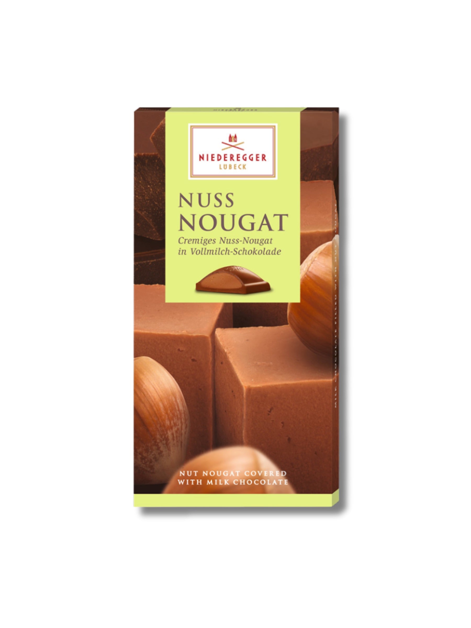 Niederegger Nougat Tafel Nuss 100 g – Vollmilch-Schokolade gefüllt mit cremigem Nuss-Nougat, erhältlich in der Dreyer Confiserie in der Rattenfängerstadt Hameln.