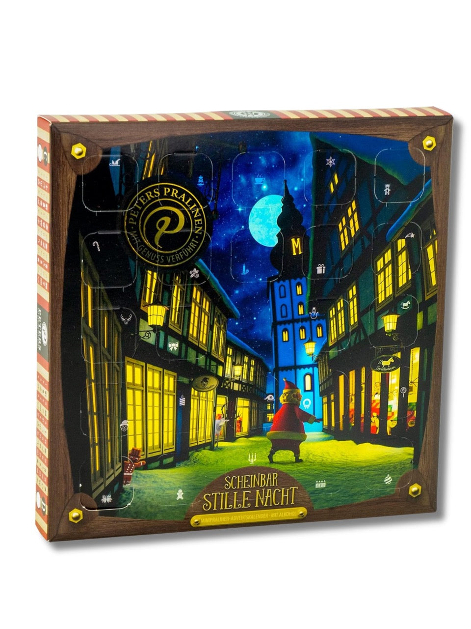 Scheinbar Stille Nacht Mini-Adventskalender 140 g von PETERS – alkoholfreier Augmented-Reality-Adventskalender mit 24 Pralinen, erhältlich in der Dreyer Confiserie in der Rattenfängerstadt Hameln.