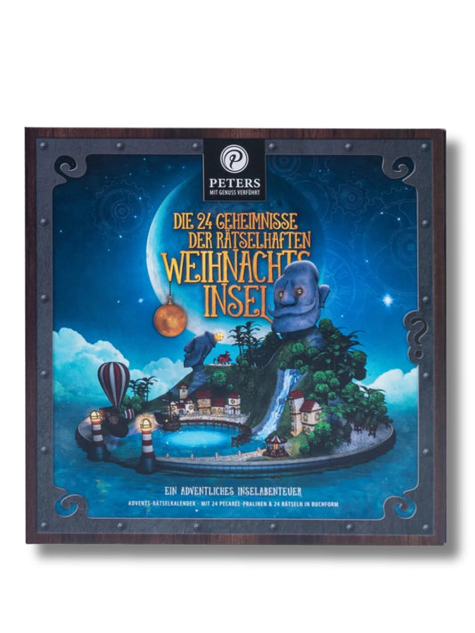 Vorderseite des PETERS Adventskalenders „Die 24 Geheimnisse der rätselhaften Weihnachtsinsel“ 255 g – Rätselkalender mit Pecarée-Trüffeltäfelchen, mit und ohne Alkohol.
