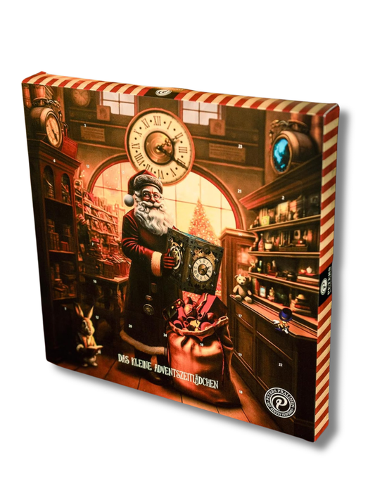 Vorderseite des nostalgischen Adventskalenders „Das zauberhafte Adventszeitlädchen“ 300 g von PETERS – alkoholfrei, erhältlich in der Dreyer Confiserie in Hameln.