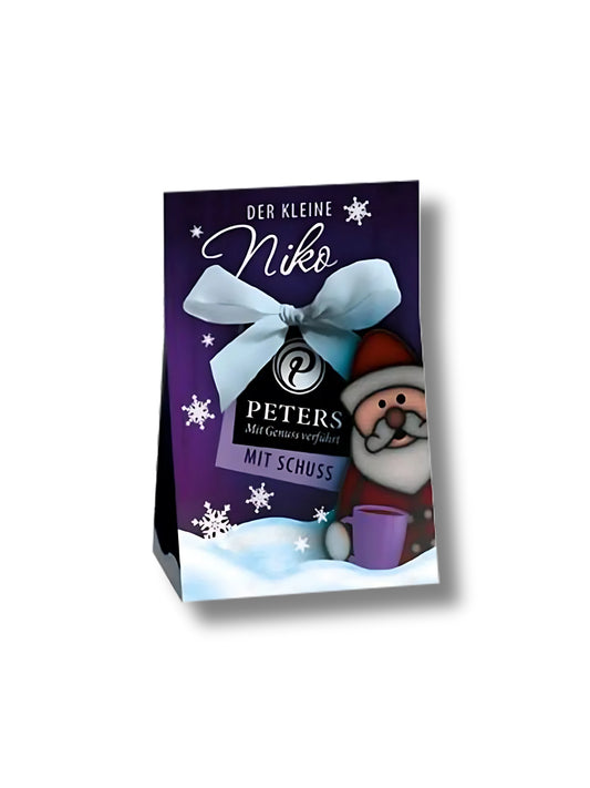 Der kleine Niko 25 g von Peters Pralinen – kleine weihnachtliche Trüffelmischung mit Rumtopf und Bratapfel, fein umhüllt von Schokolade, mit Alkohol, erhältlich in der Dreyer Confiserie in der Rattenfängerstadt Hameln.