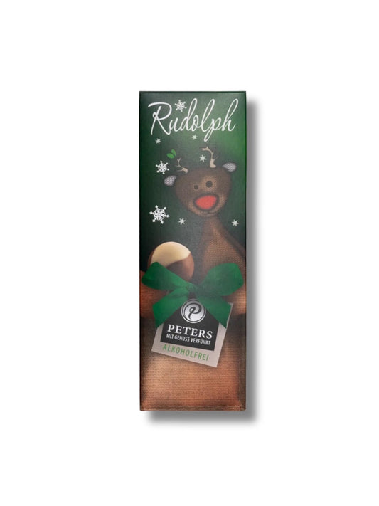 Rudolph Pralinen ohne Alkohol 62 g von Peters Pralinen – weihnachtliche Geschenkverpackung mit rotnasigem Rentier, gefüllt mit fünf alkoholfreien Pralinensorten, erhältlich in der Dreyer Confiserie in der Rattenfängerstadt Hameln.