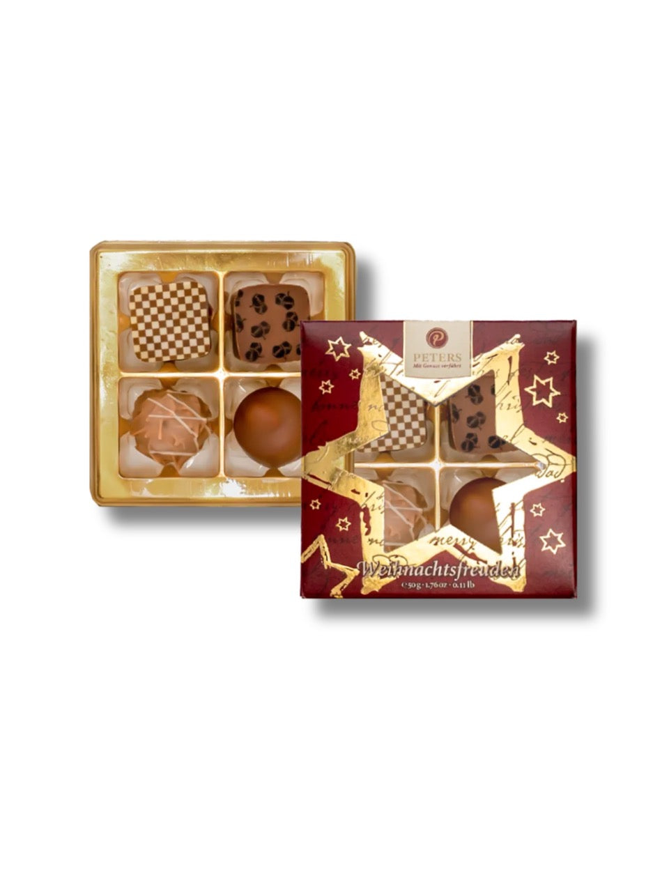 Weihnachtsfreuden Pralinen ohne Alkohol 50 g von Peters Pralinen – festliche Mischung mit Haselnussnougat, Knuspertraum, Nougat-Krokant und Schichtnougat, erhältlich in der Dreyer Confiserie in der Rattenfängerstadt Hameln.