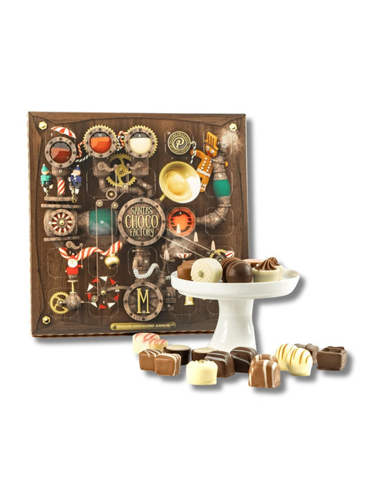 Santa's Choco Factory Mini-Adventskalender 135 g von PETERS – alkoholfreier Adventskalender mit 24 Mini-Pralinen, erhältlich in der Dreyer Confiserie in der Rattenfängerstadt Hameln.