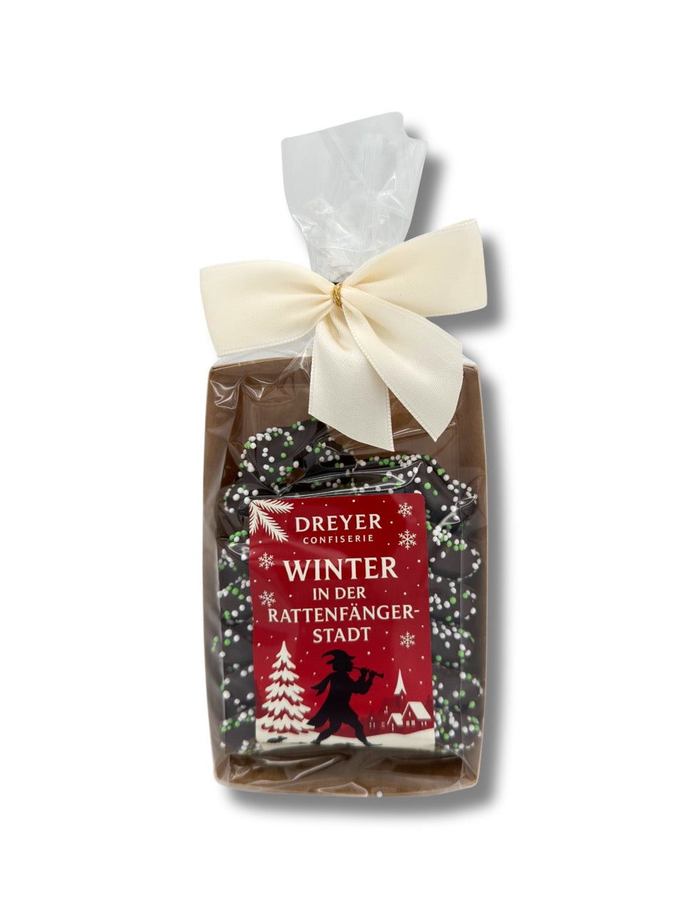 Pfefferminzsterne 150 g mit Aufdruck „Winter in der Rattenfängerstadt“, handverpackt mit cremefarbener Schleife, erhältlich in der Dreyer Confiserie in der Rattenfängerstadt Hameln.