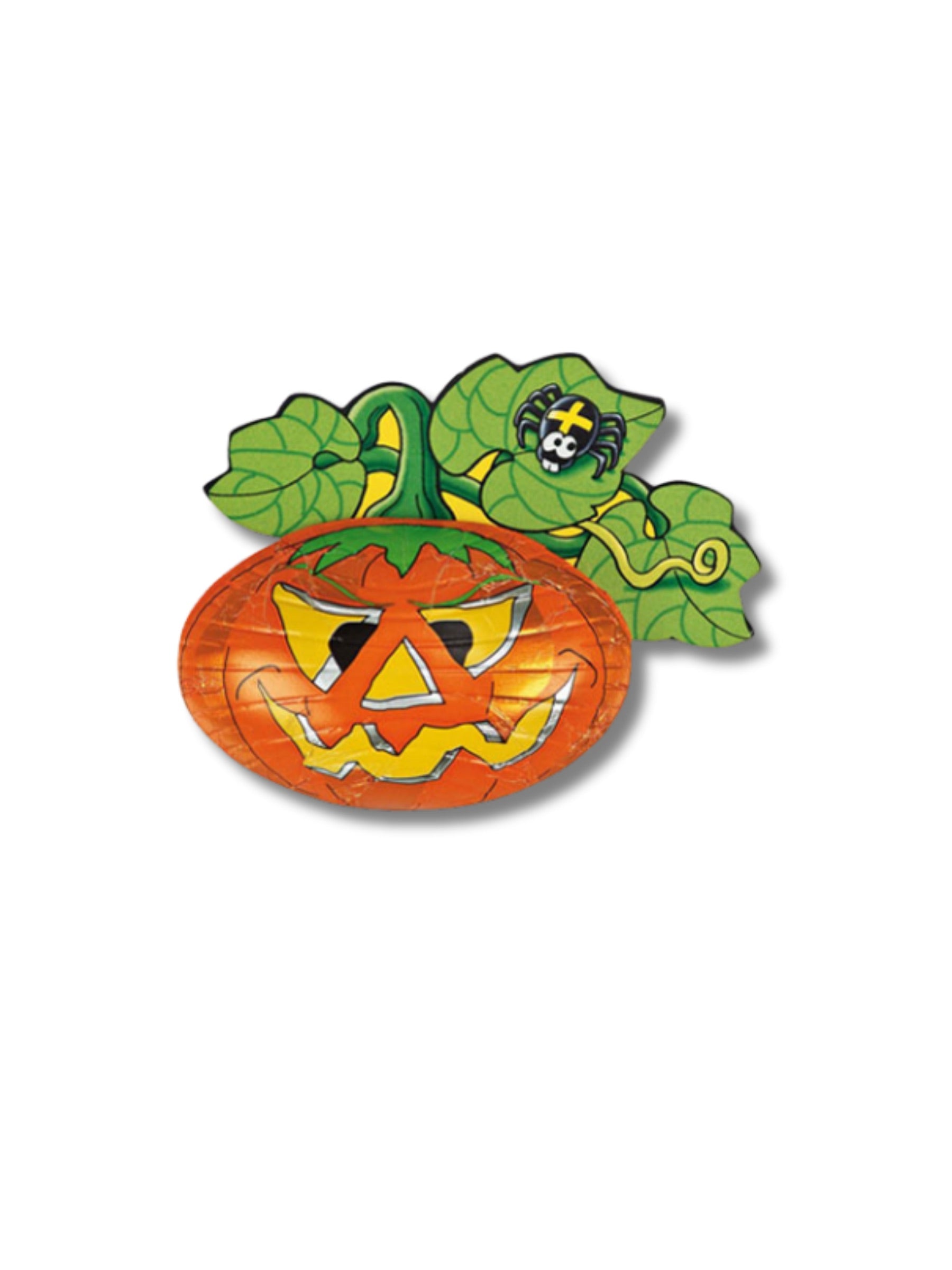Storz Kürbis mit Blatt 12,5 g – gruselig gestaltete Kürbisfigur aus massiver Edel-Vollmilchschokolade, ideal für Halloween und den bunten Teller, erhältlich in der Dreyer Confiserie in der Rattenfängerstadt Hameln.