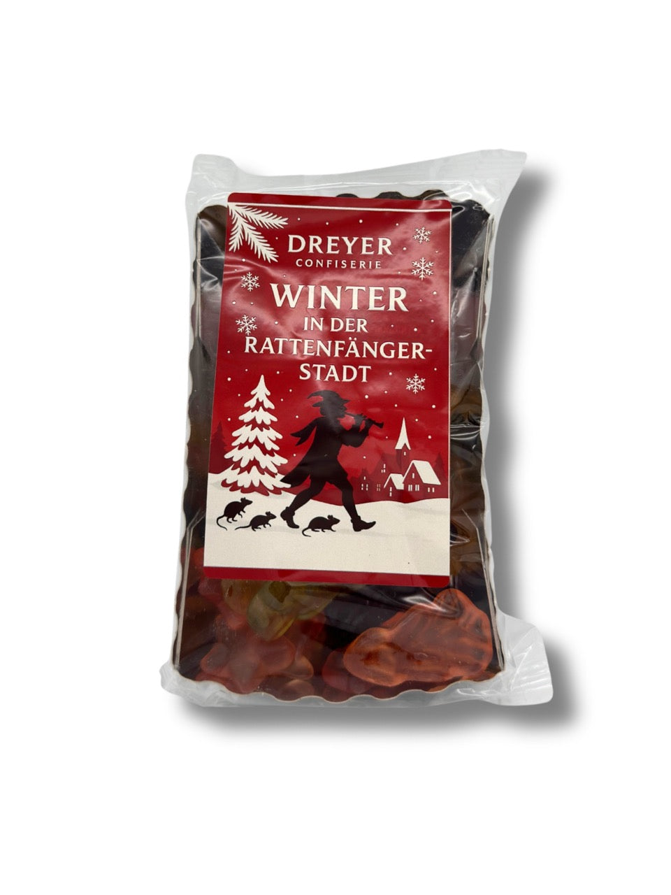 Dreyer Confiserie Vegane Weihnachtsmischung 150 g – Pektin-Fruchtgummis mit natürlichen Fruchtaromen, weihnachtlich verpackt in der Serie Winter in der Rattenfängerstadt aus Hameln.