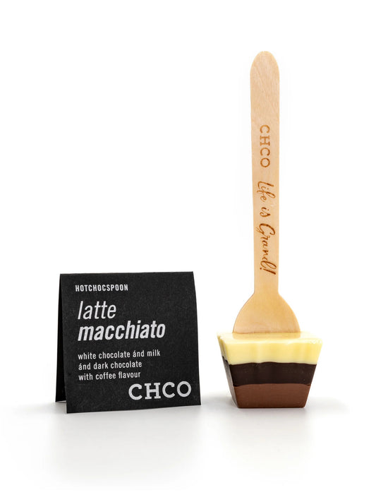 Hotchocspoon Latte Macchiato 50g von CHCO – Schokoladenlöffel aus Zartbitter-, Vollmilch- und weißer Schokolade mit Kaffee-Aroma für cremige Trinkschokolade.