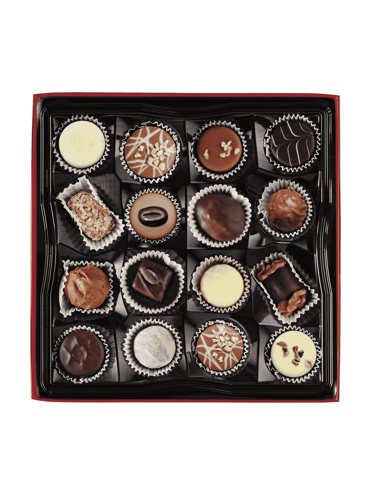 16-fach sortierte Trüffel- und Pralinenauswahl mit Alkohol – handgefertigte Spezialitäten aus der Lauenstein Confiserie in Kooperation mit der Confiserie Dreyer.