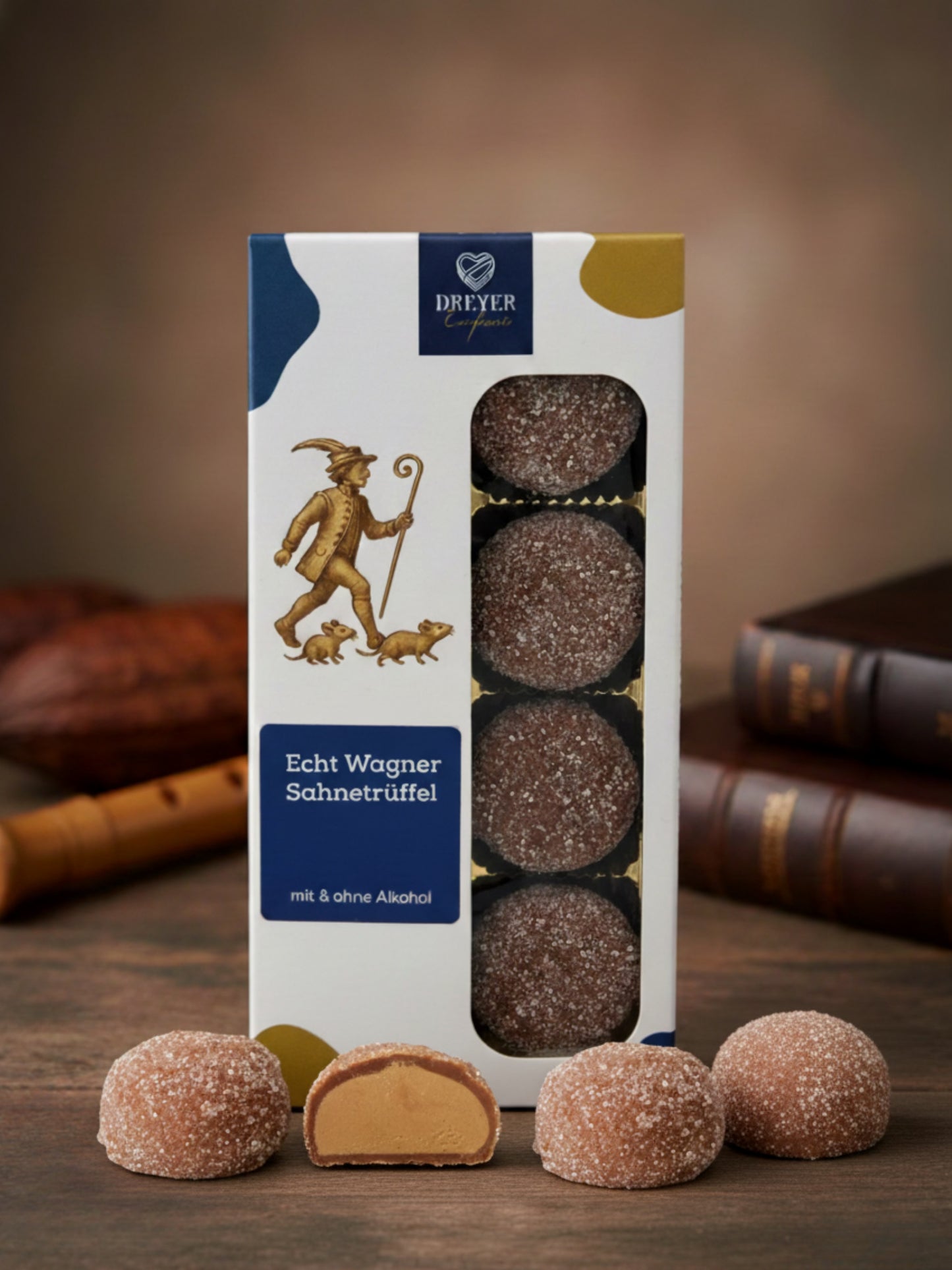 Dreyer Confiserie Sahnetrüffel gezuckert 100g: 8 feine Vollmilch-Sahnetrüffel mit Zuckerüberzug, hergestellt von Wagner Pralinen für die Dreyer Confiserie in der Rattenfängerstadt Hameln.