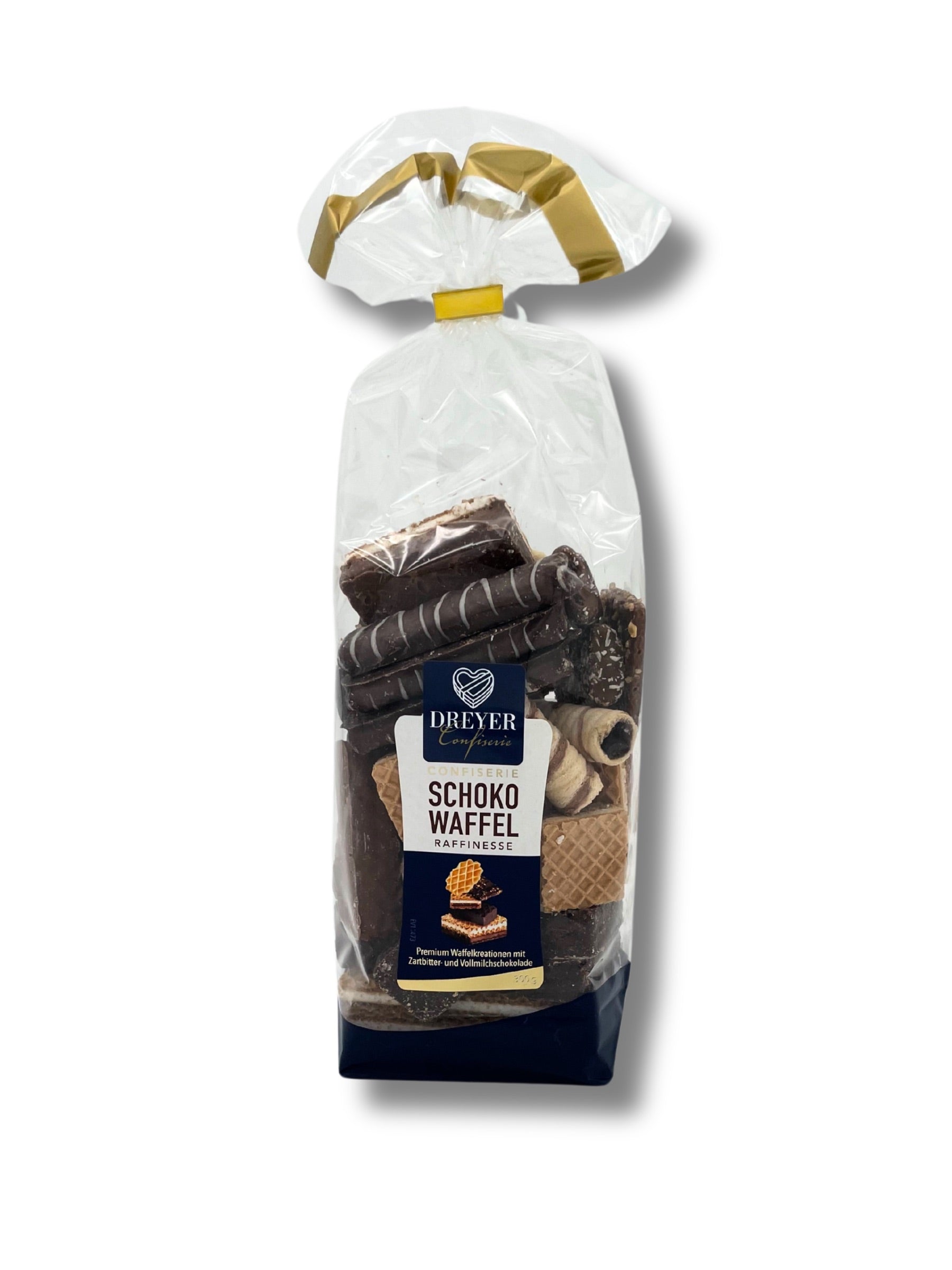 Schoko-Waffel-Raffinesse von Dreyer Confiserie – knusprige Waffelmischung mit Vollmilch- und Zartbitterschokolade für feinen Genuss.