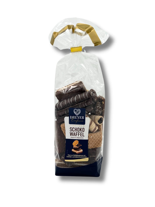 Schoko-Waffel-Raffinesse von Dreyer Confiserie – knusprige Waffelmischung mit Vollmilch- und Zartbitterschokolade für feinen Genuss.
