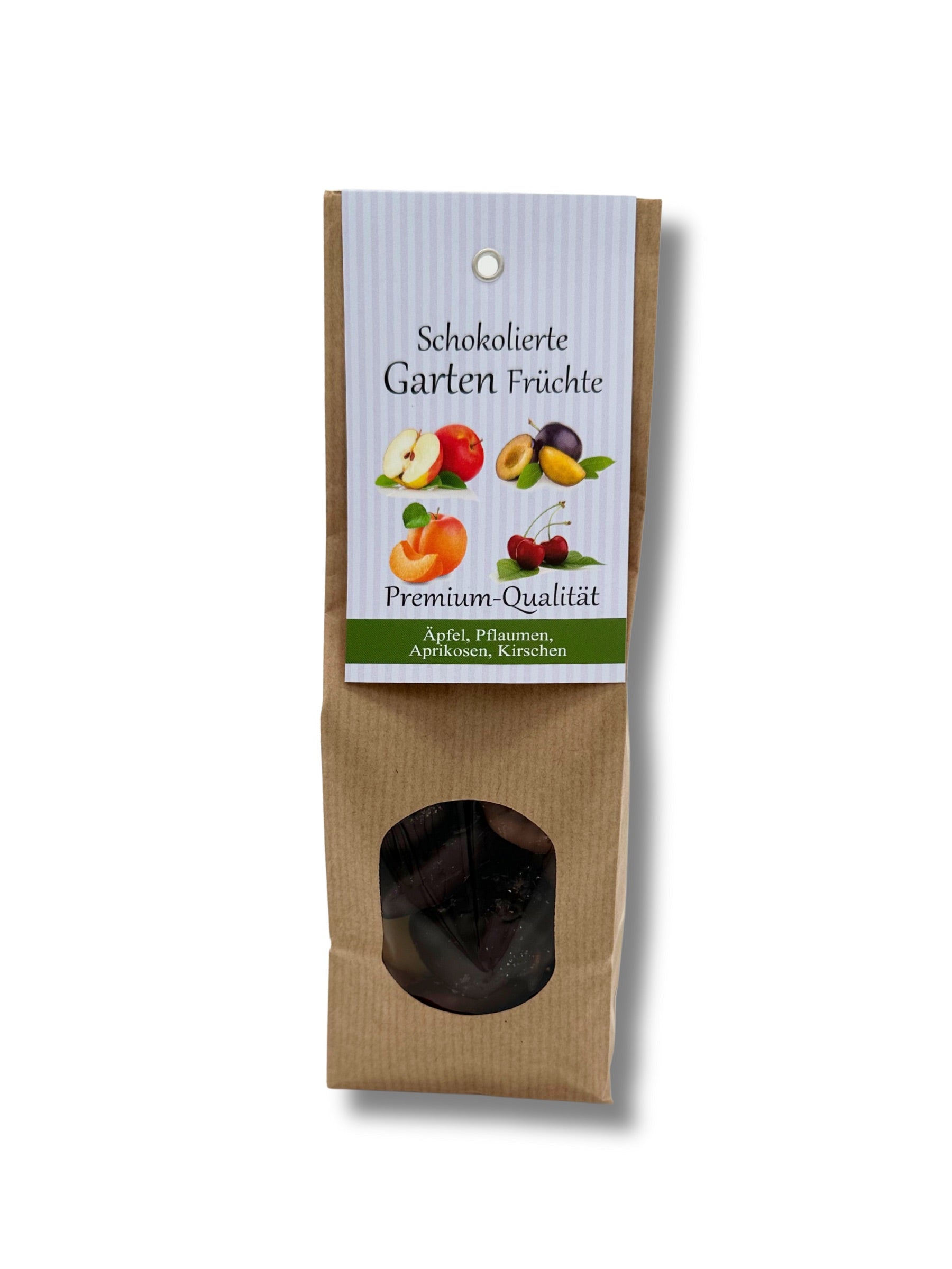 Schokolierte Garten Früchte 150 g – Früchtemischung (Apfel, Pflaume, Aprikose, Kirsche) von Fritz Kunder, umhüllt mit Zartbitter-, Vollmilch- und weißer Schokolade.