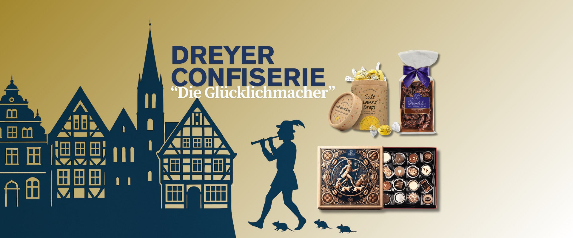 Willkommen in der Dreyer Confiserie – edle Schokolade, feine Pralinen und Rattenfänger-Spezialitäten aus der historischen Innenstadt von Hameln.