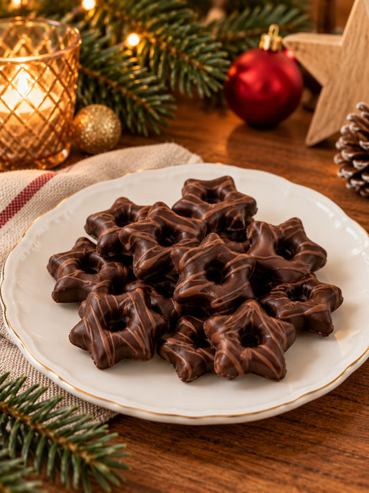 Edelmarzipan-Sterne mit Zartbitterschokolade von Dreyer Confiserie in festlicher Weihnachtsdekoration