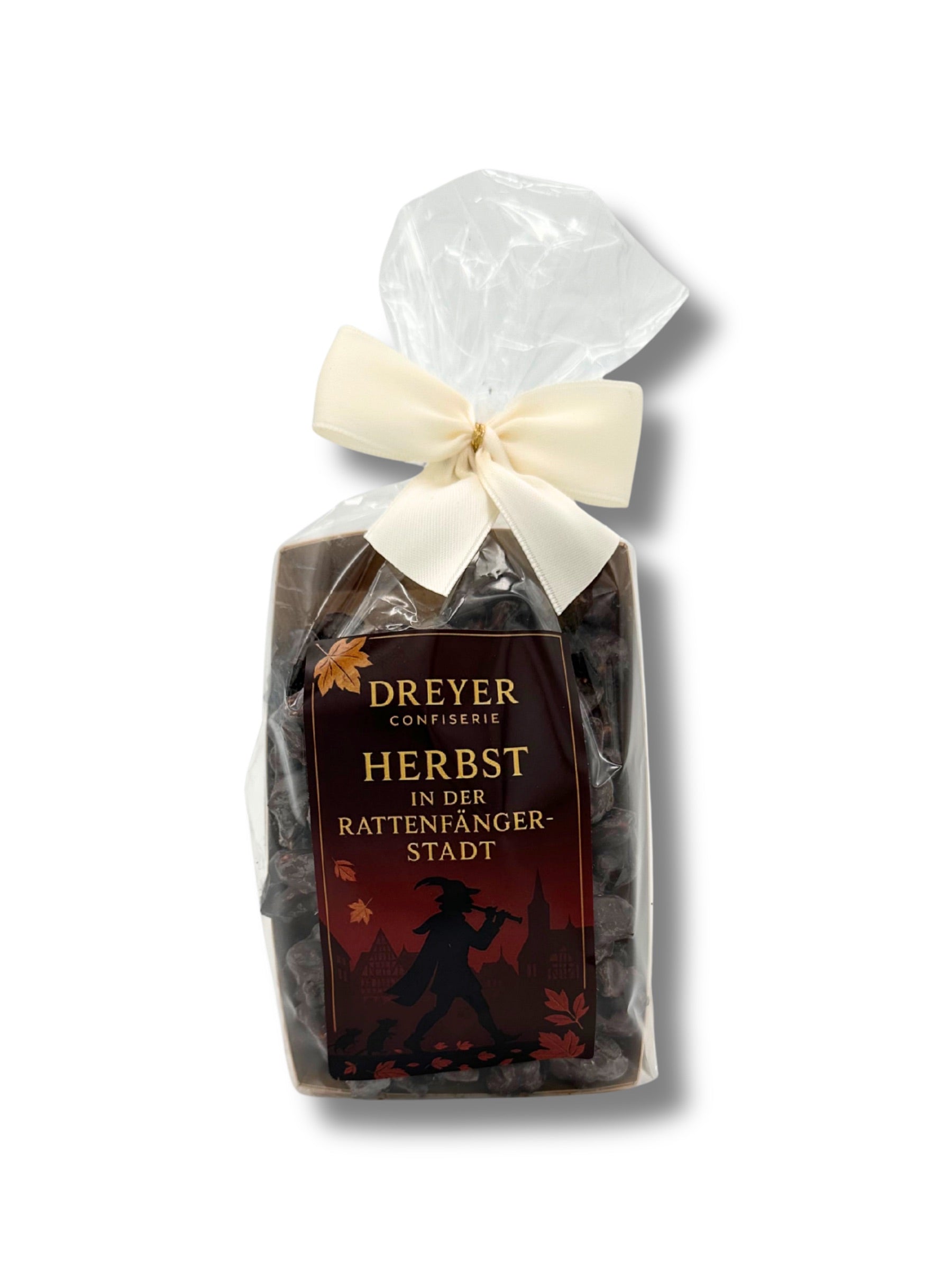 Erdnussgipfel mit Zartbitterschokolade 200g – handverpackt in transparenter Geschenkverpackung mit Schleife von Dreyer Confiserie Hameln