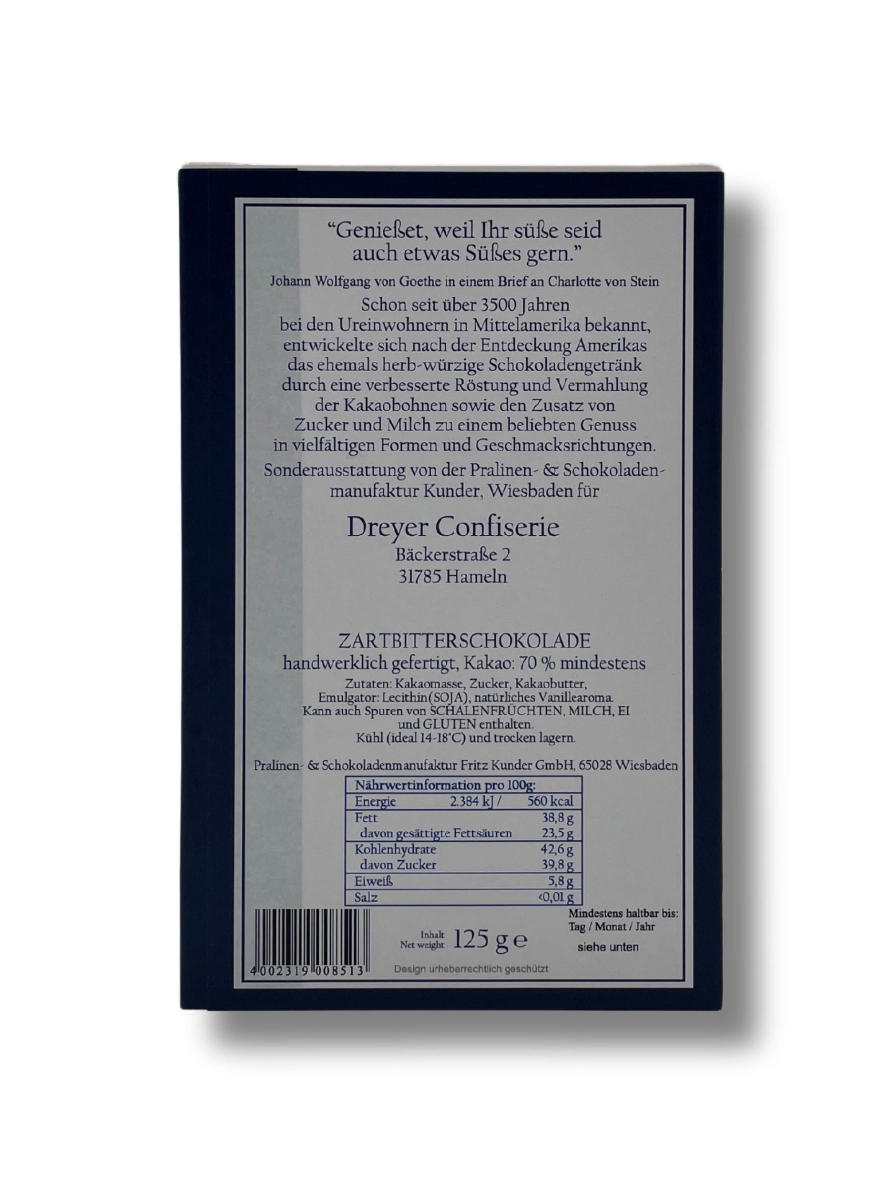 Handgefertigte dunkle Schokoladentafel aus der Rattenfängerstadt Hameln – Dreyer Confiserie 125g.