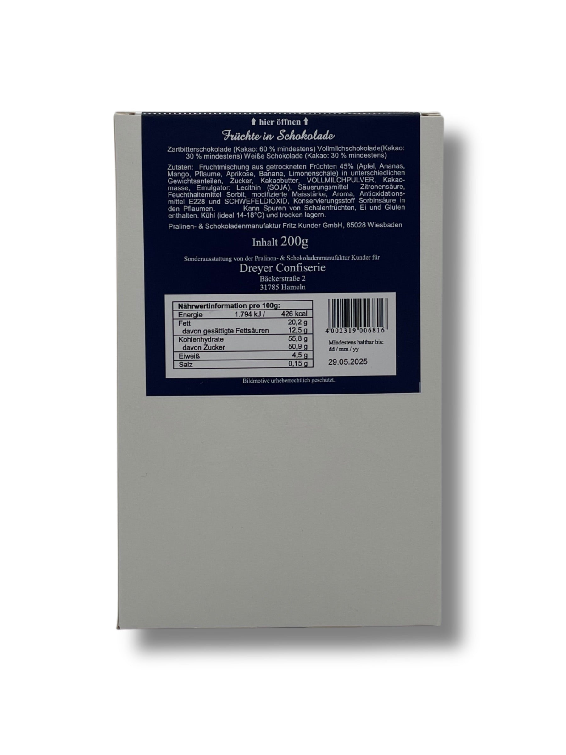 Feine Früchte in Schokolade - Rückseite.