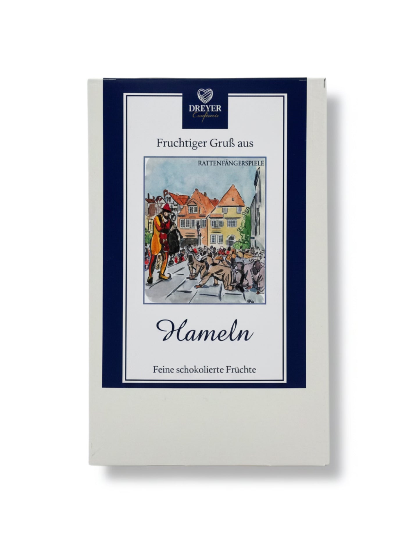 Feine Früchte in Schokolade 200g – Trockenfrüchte umhüllt von Zartbitter-, Vollmilch- und Weißer Schokolade aus der Dreyer Confiserie Hameln.