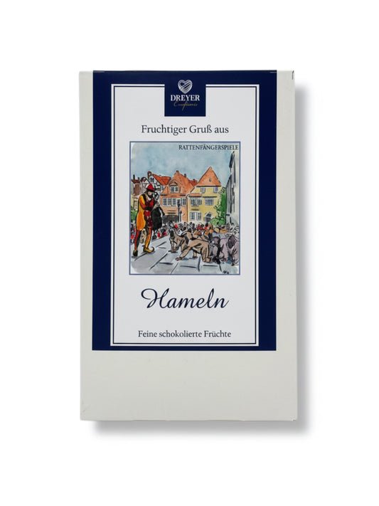 Feine Früchte in Schokolade 200g – Trockenfrüchte umhüllt von Zartbitter-, Vollmilch- und Weißer Schokolade aus der Dreyer Confiserie Hameln.