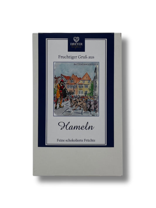 Feine Früchte in Schokolade 200g – Trockenfrüchte umhüllt von Zartbitter-, Vollmilch- und Weißer Schokolade aus der Dreyer Confiserie Hameln.
