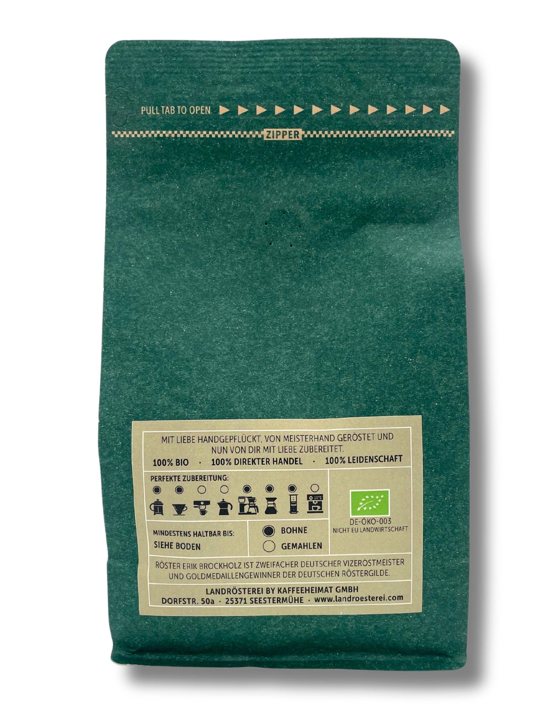 Arabica-Cuvée aus Honduras & Indien – mittelkräftiger Kaffee aus der Landrösterei Seestermühe.